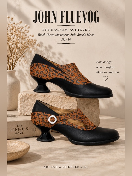 John Fluevog Shoes - John Fluevog Enneagram Achiever Black Vegan Monogram Side Buckle Heels Size 10